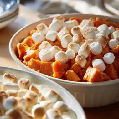 Delicious easy crockpot sweet potatoes topped with marshmallows