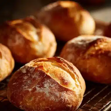 Freshly baked easy small batch ciabatta rolls on a wooden surface