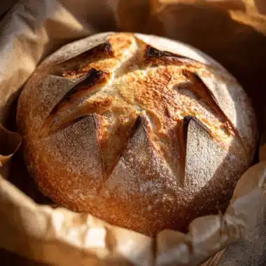 Freshly baked fail-proof sourdough bread loaf on wooden table