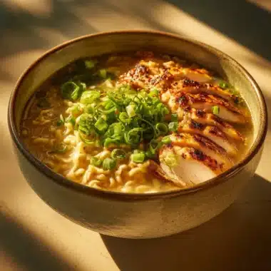 Bowl of Fiery Chicken Ramen topped with creamy garlic sauce and fresh herbs