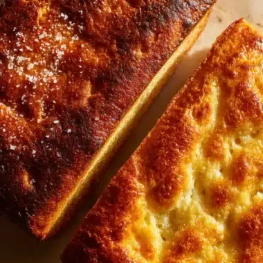 Homemade focaccia bread fresh out of the oven, topped with herbs and olive oil.