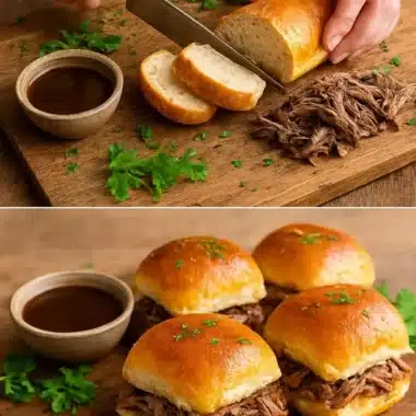 French Dip Sliders with savory beef and au jus for dipping