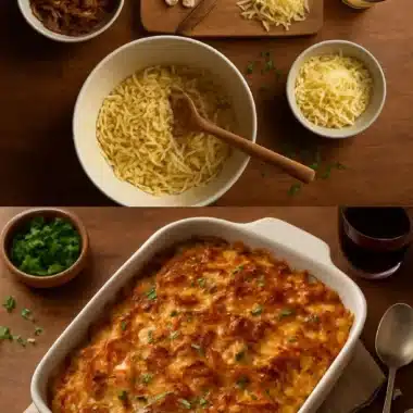 Delicious French onion chicken orzo casserole served in a baking dish.