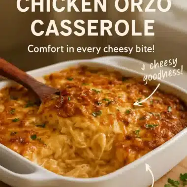 French onion chicken orzo casserole topped with cheese and herbs