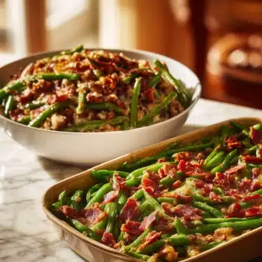 Plate of garlic butter green beans garnished with herbs