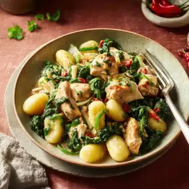 Garlic Chicken Gnocchi Skillet with fresh ingredients and herbs