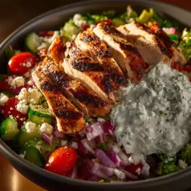 Greek Chicken Bowl with grilled chicken, vegetables, and tzatziki sauce