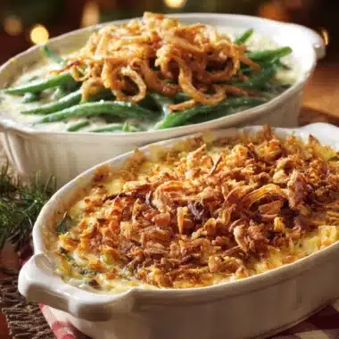 Delicious green bean casserole topped with crispy onions and creamy sauce.