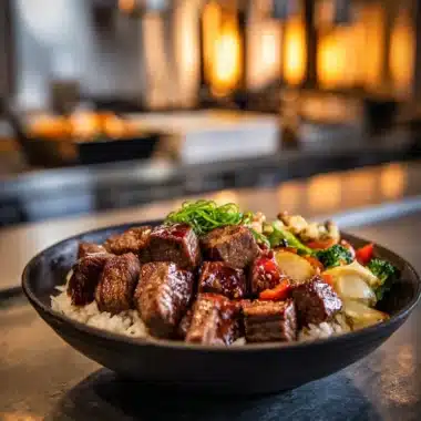 Hibachi Steak Bowl with grilled steak and colorful vegetables