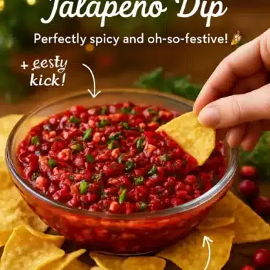 A bowl of Holiday Cranberry Jalapeño Dip garnished with herbs.