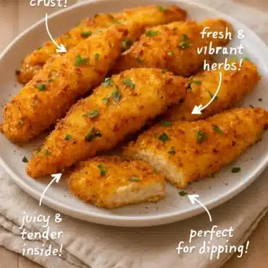 Crispy homemade baked chicken tenders served with dipping sauce