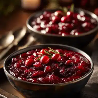 Homemade cranberry sauce in a bowl, garnished with fresh cranberries.