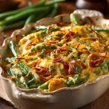 Delicious homemade green bean casserole baked to perfection
