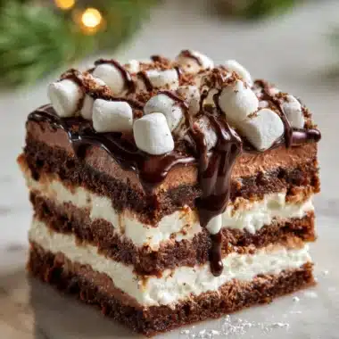 Delicious homemade hot chocolate lasagna dessert with chocolate layers and cream
