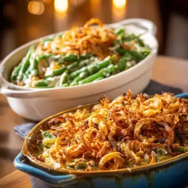 Ina Garten's delicious green bean casserole topped with crispy onions.