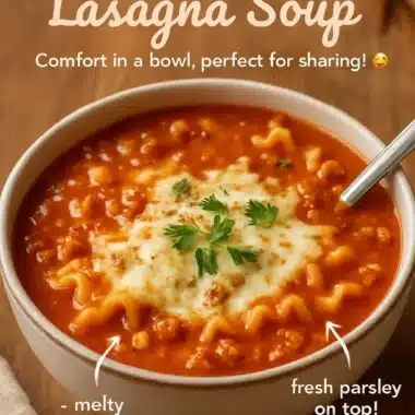Delicious bowl of easy lasagna soup topped with cheese and herbs.