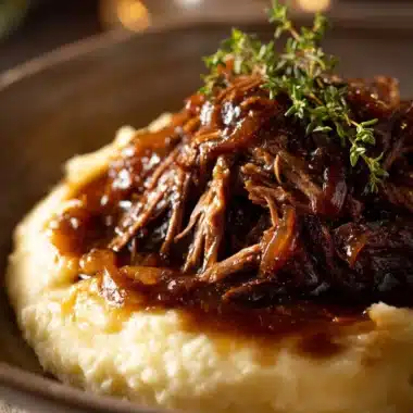 Delicious French Onion Pot Roast garnished with melted cheese and herbs
