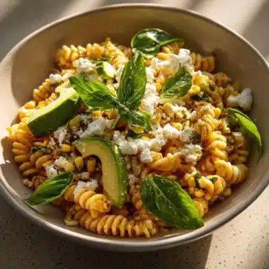 Juicy street corn pasta salad topped with fresh herbs and lime.
