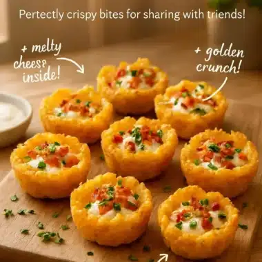 Delicious loaded tater tots topped with cheese and bacon.