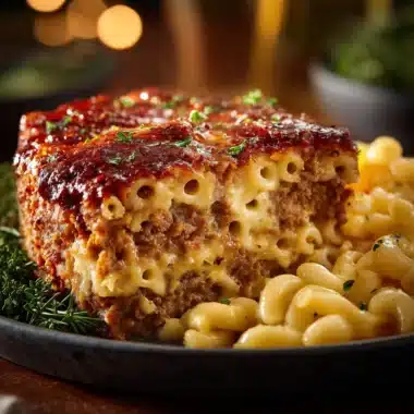 Cheesy Mac and Cheese Meatloaf Casserole topped with breadcrumbs and herbs