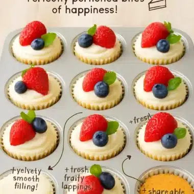 Delicious mini cheesecakes topped with berries on a wooden table.