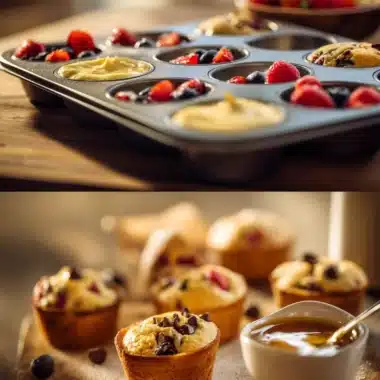 Delicious mini pancake muffins arranged on a plate, perfect for breakfast.