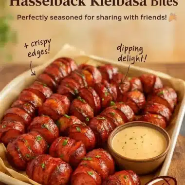 Mustard Hasselback Kielbasa Bites served on a platter
