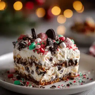 No-Bake Christmas Oreo Lasagna layered dessert with chocolate and cream