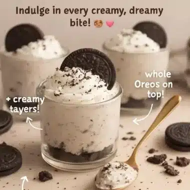 Delicious No Bake Oreo Cheesecake Cups topped with crushed Oreo cookies