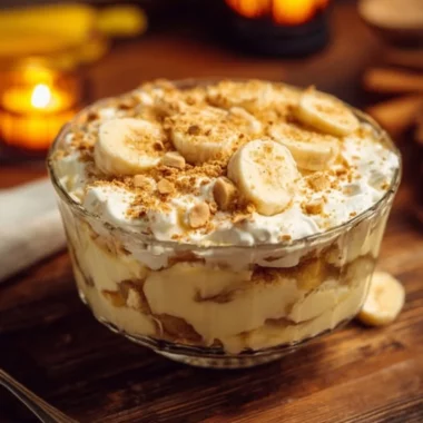 Bowl of old-fashioned homemade banana pudding with bananas and vanilla wafers