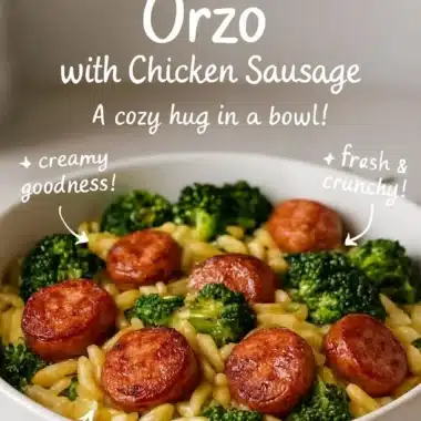 One-Pan Creamy Orzo with Chicken Sausage served in a skillet