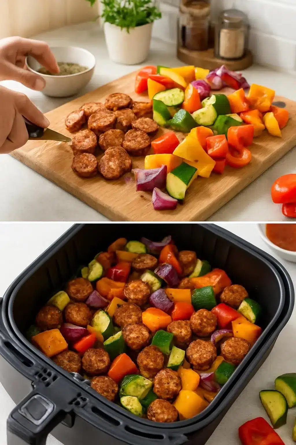 10 Minute Air Fryer Chicken Sausage and Veggies