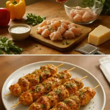 Grilled Ranch Garlic Parmesan Chicken Skewers served with dipping sauce