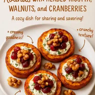 Delicious roasted sweet potato rounds with herbed ricotta on a platter