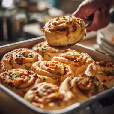 Savory breakfast rolls with various fillings on a wooden table