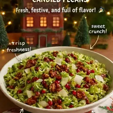 Shaved Brussels sprout salad topped with pomegranate seeds and candied pecans.