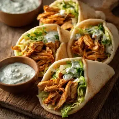 Sheet Pan Chicken Pitas with Herby Ranch on a wooden table
