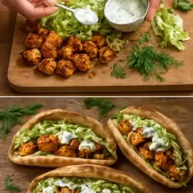 Sheet pan chicken pitas topped with herby ranch dressing and fresh vegetables