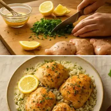 Slow Cooker Lemon Herb Chicken with fluffy rice in a serving bowl.