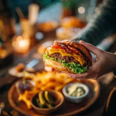 Juicy smash burgers sizzling on the grill, ready to serve with toppings.