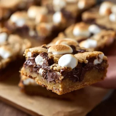 Decadent S'mores Cookie Bars with chocolate and marshmallow layers
