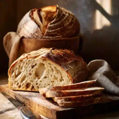 Freshly baked soft sourdough bread loaf on a wooden table
