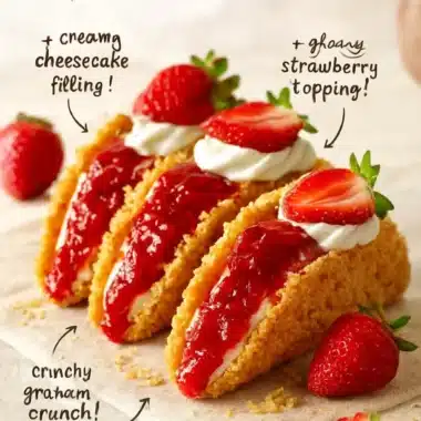 Strawberry Crunch Cheesecake Tacos served on a plate with fresh strawberries