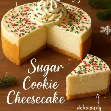 Delicious sugar cookie cheesecake topped with whipped cream and sprinkles