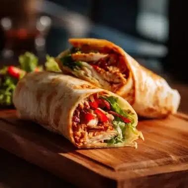 A plate of flavorful Sweet Chili Chicken Wraps garnished with fresh vegetables.