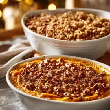 Deliciously baked sweet potato casserole topped with marshmallows and pecans