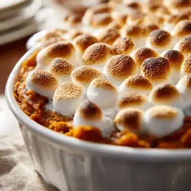 Homemade sweet potato casserole topped with marshmallows and pecans