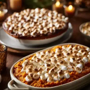 Delicious sweet potato casserole topped with marshmallows for holiday meals