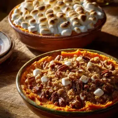 Delicious sweet potato casserole with marshmallows and pecans served in a dish