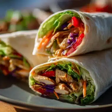 Thai Peanut Chicken Wraps with fresh vegetables and creamy peanut sauce